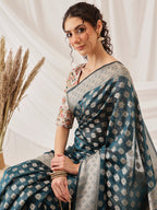 Hiral Fashion Teal Banarasi Organza Silk Floral Woven Design Saree | Grocsy