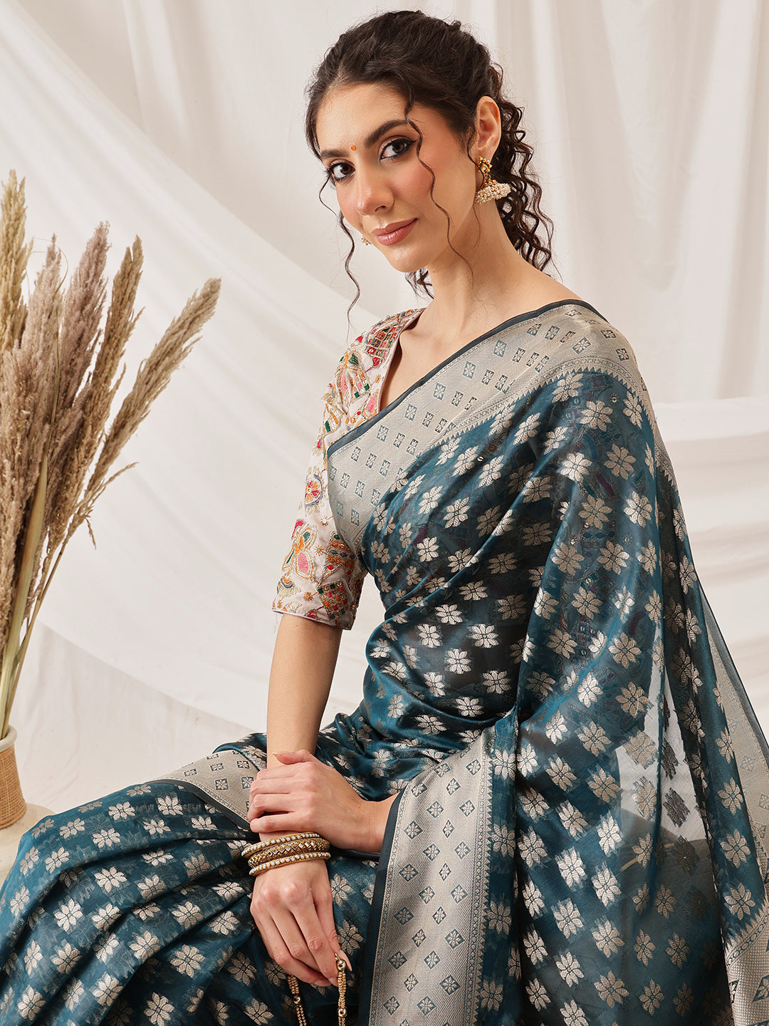 Hiral Fashion Teal Banarasi Organza Silk Floral Woven Design Saree | Grocsy