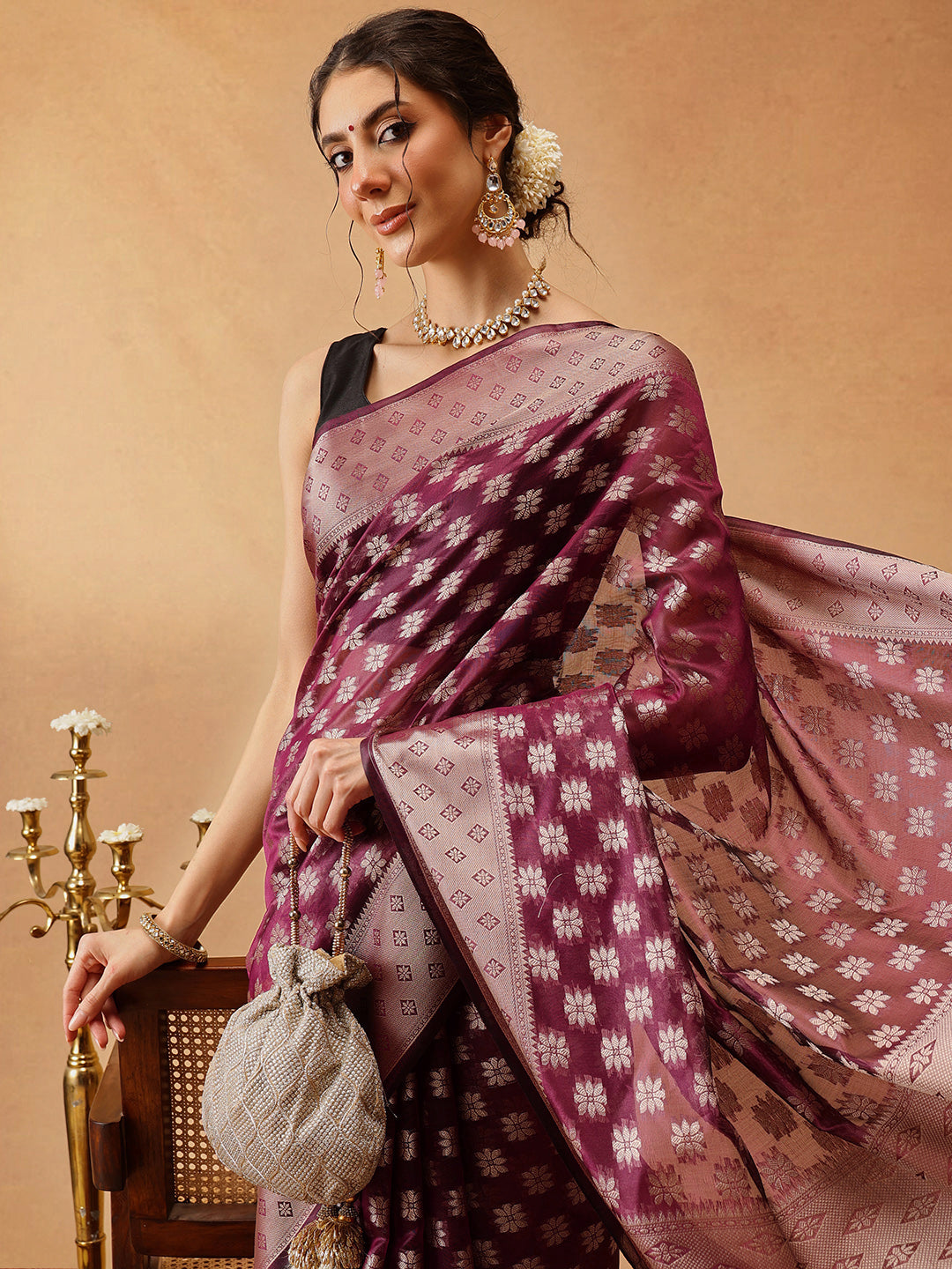 Hiral Fashion Purple Banarasi Organza Silk Floral Woven Design Saree | Grocsy
