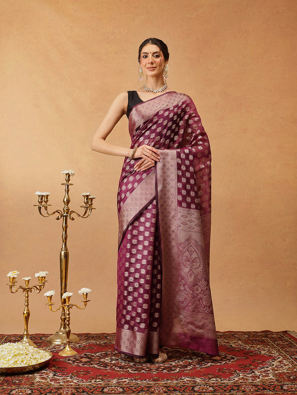 Hiral Fashion Purple Banarasi Organza Silk Floral Woven Design Saree | Grocsy