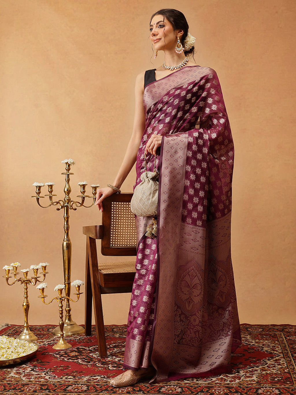 Hiral Fashion Purple Banarasi Organza Silk Floral Woven Design Saree | Grocsy