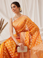 Hiral Fashion Yellow Banarasi Organza Silk Floral Woven Design Saree | Grocsy