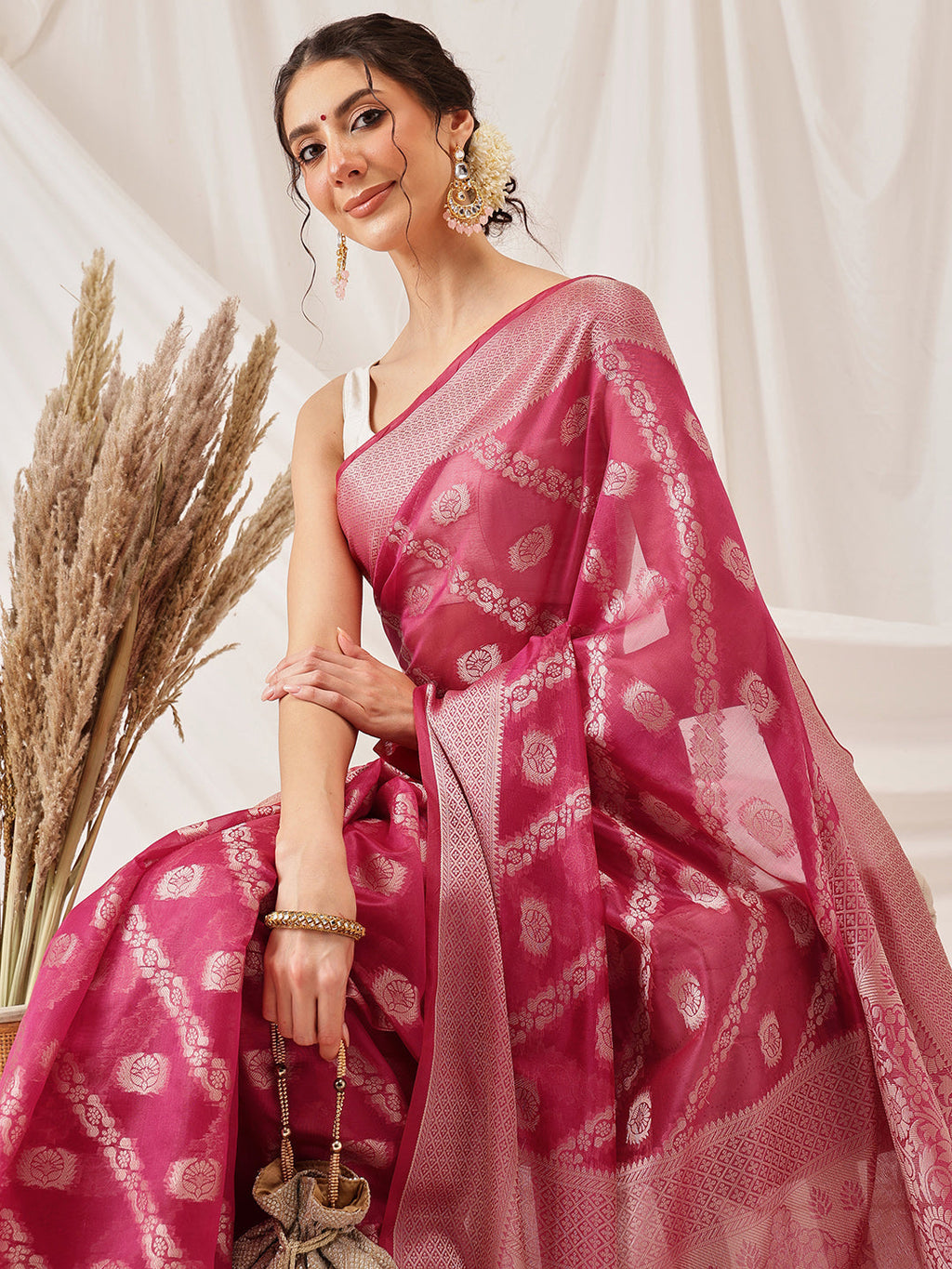 Hiral Fashion Pink Banarasi Organza Silk Lahariya Woven Design Saree | Grocsy