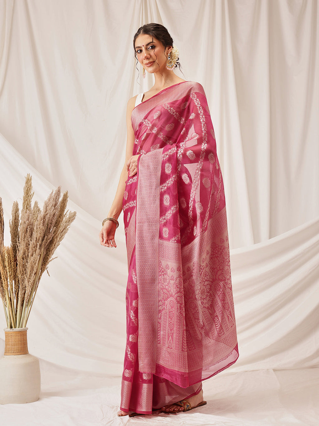Hiral Fashion Pink Banarasi Organza Silk Lahariya Woven Design Saree | Grocsy