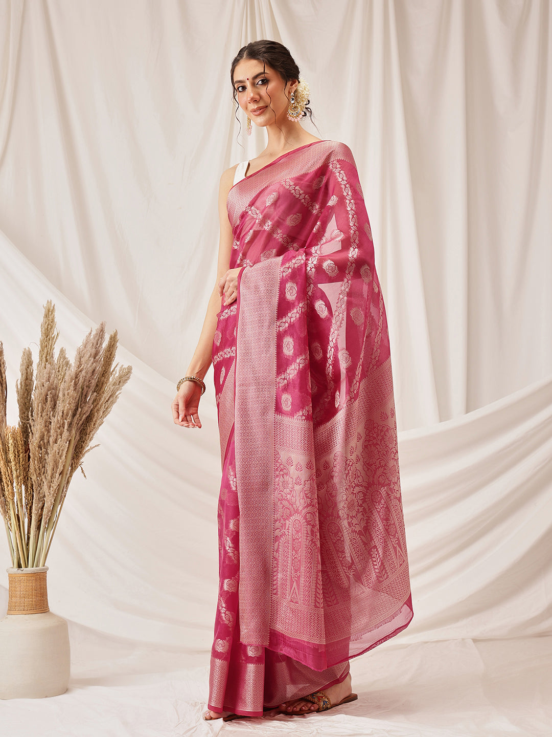 Hiral Fashion Pink Banarasi Organza Silk Lahariya Woven Design Saree | Grocsy