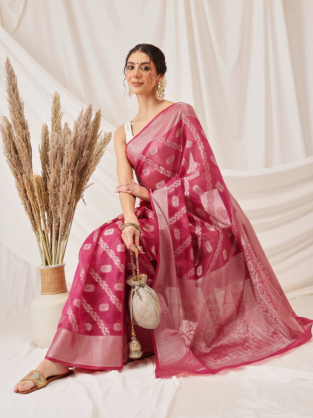 Hiral Fashion Pink Banarasi Organza Silk Lahariya Woven Design Saree | Grocsy