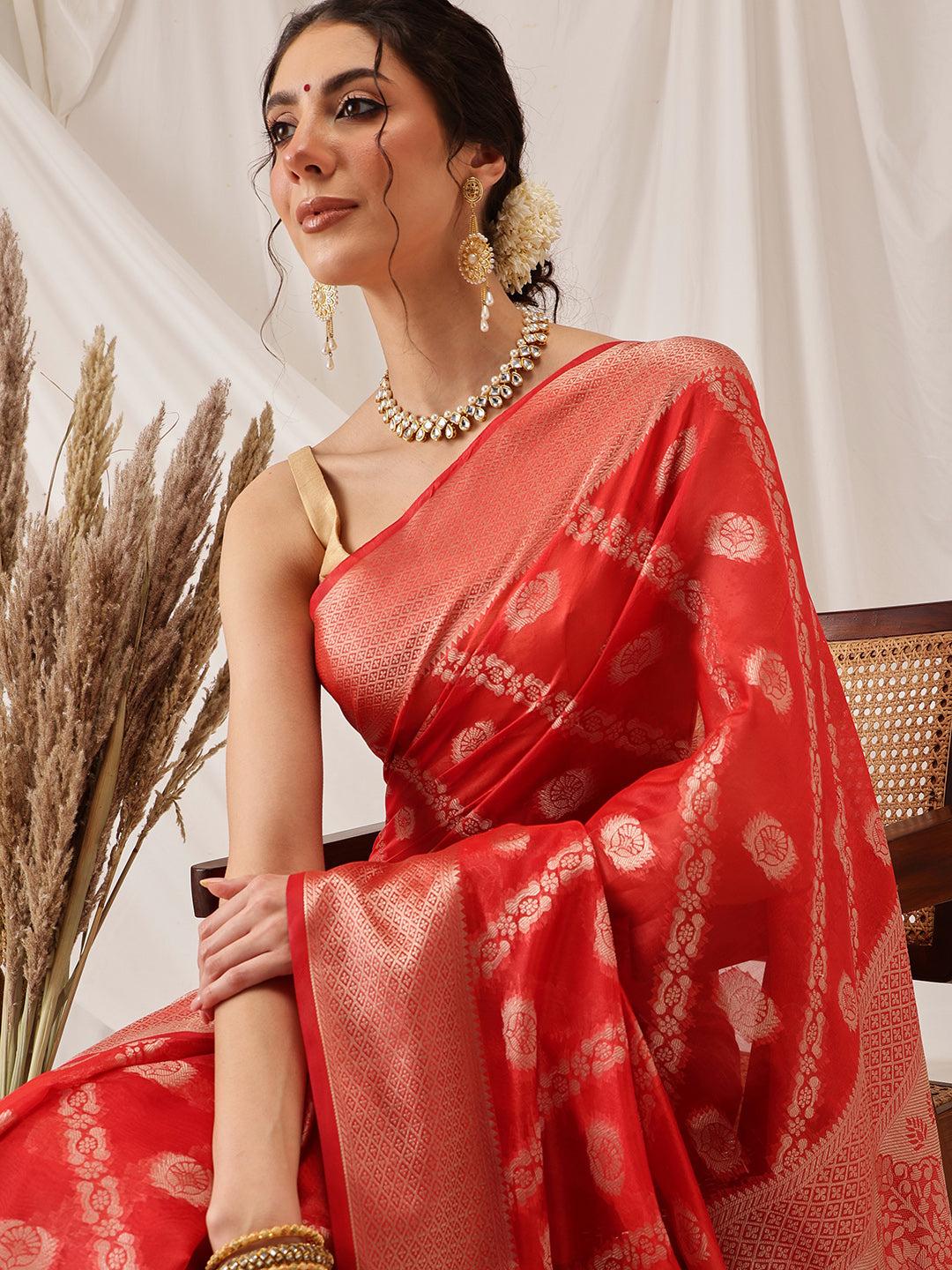 Hiral Fashion Red Banarasi Organza Silk Lahariya Woven Design Saree | Grocsy