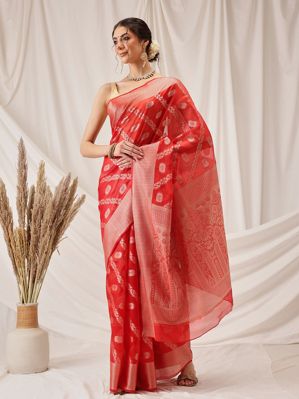 Hiral Fashion Red Banarasi Organza Silk Lahariya Woven Design Saree | Grocsy