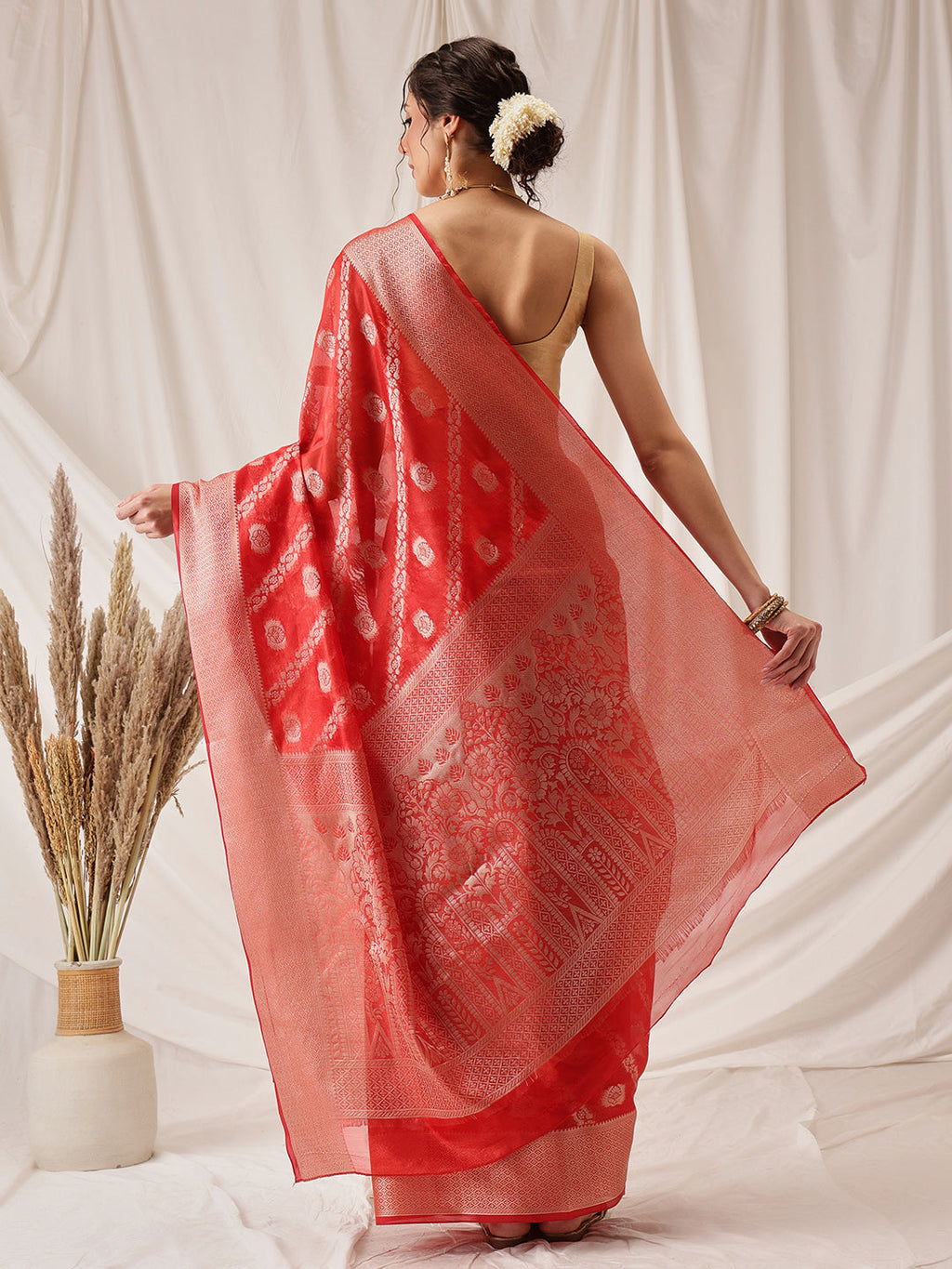 Hiral Fashion Red Banarasi Organza Silk Lahariya Woven Design Saree | Grocsy