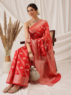 Hiral Fashion Red Banarasi Organza Silk Lahariya Woven Design Saree | Grocsy
