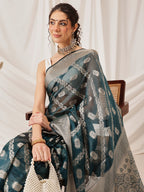 Hiral Fashion Teal Banarasi Organza Silk Lahariya Woven Design Saree | Grocsy