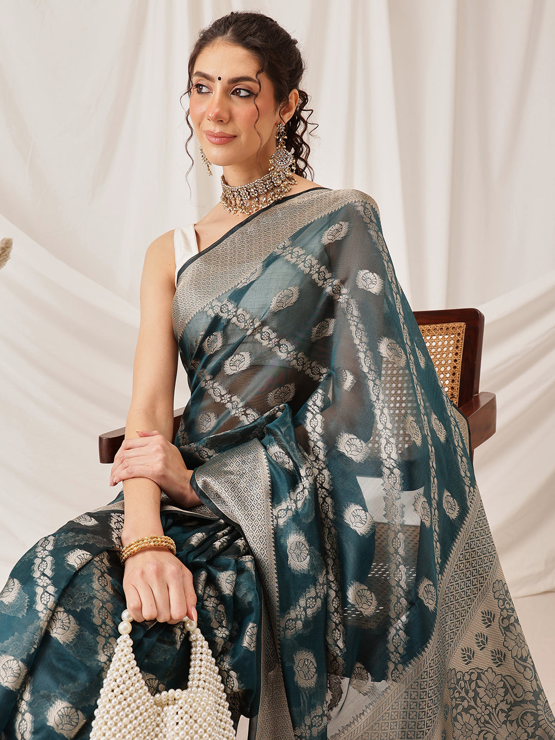 Hiral Fashion Teal Banarasi Organza Silk Lahariya Woven Design Saree | Grocsy