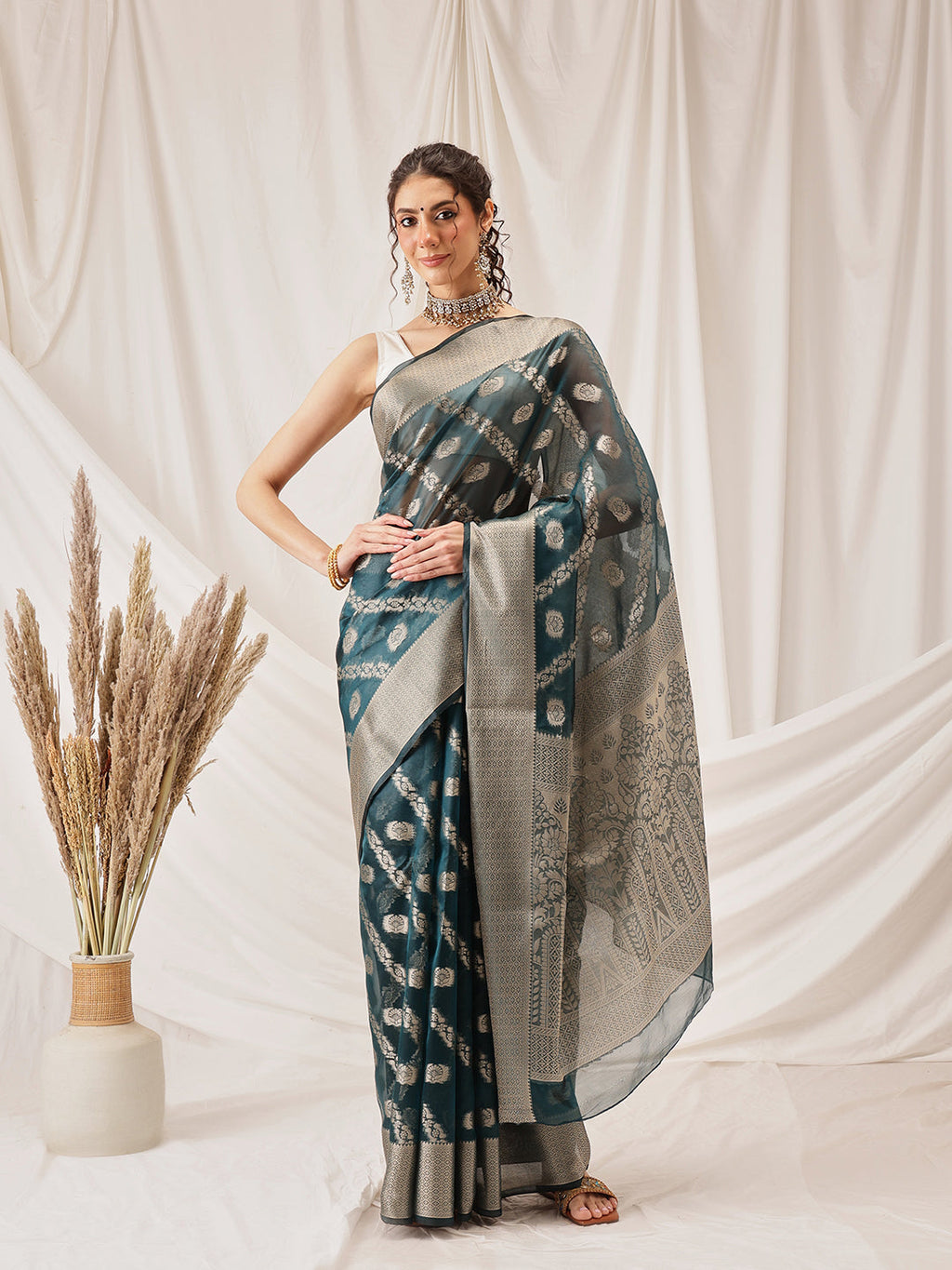 Hiral Fashion Teal Banarasi Organza Silk Lahariya Woven Design Saree | Grocsy
