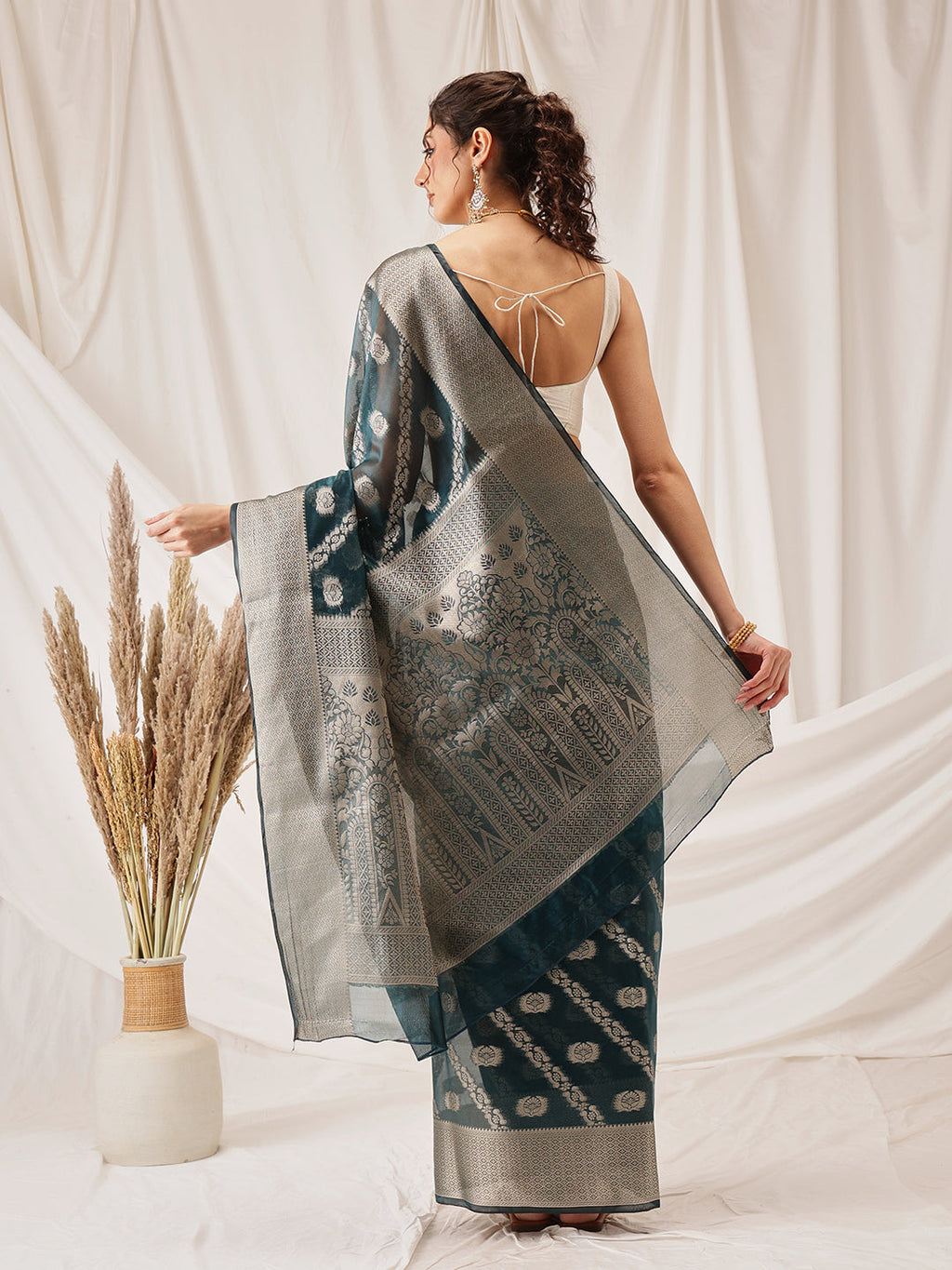 Hiral Fashion Teal Banarasi Organza Silk Lahariya Woven Design Saree | Grocsy