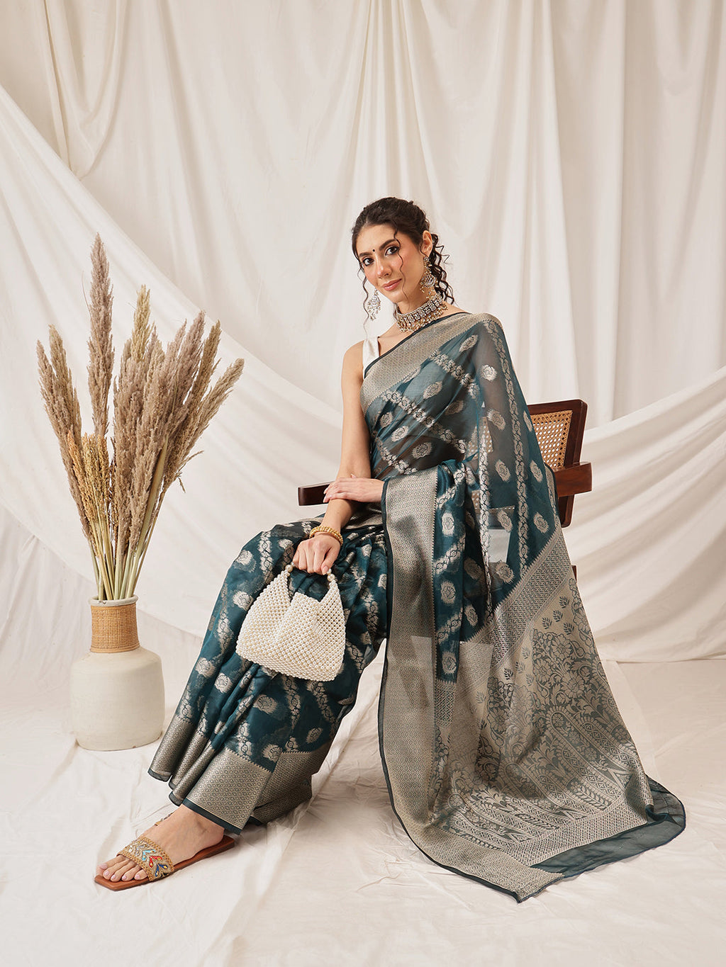 Hiral Fashion Teal Banarasi Organza Silk Lahariya Woven Design Saree | Grocsy