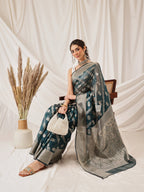 Hiral Fashion Teal Banarasi Organza Silk Lahariya Woven Design Saree | Grocsy