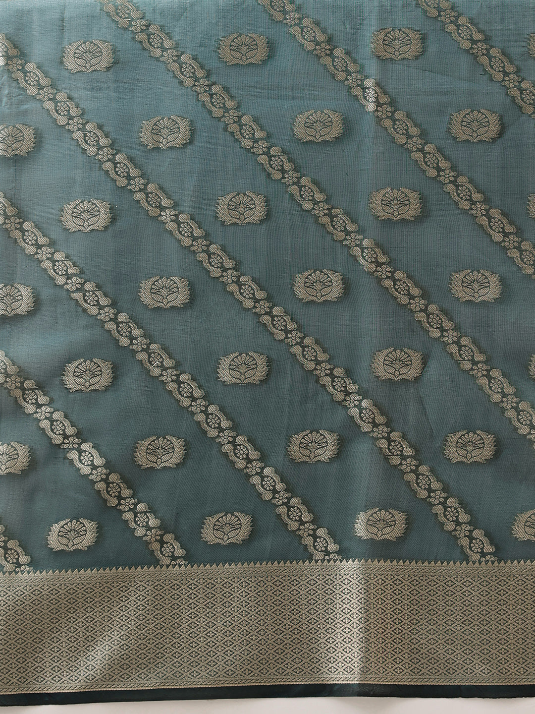 Hiral Fashion Teal Banarasi Organza Silk Lahariya Woven Design Saree | Grocsy