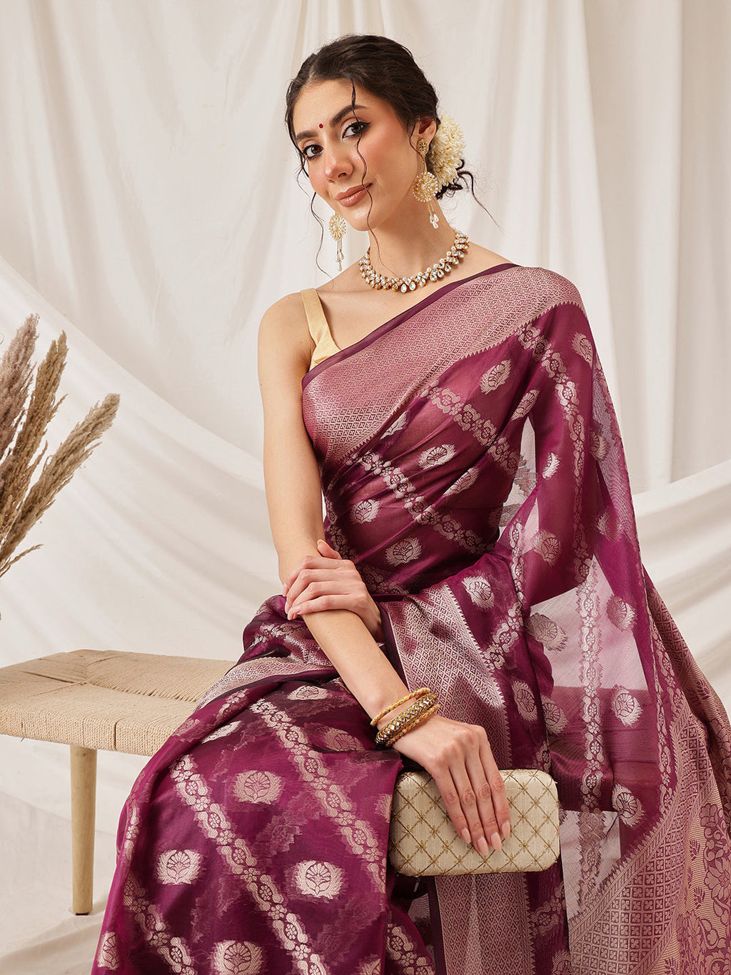 Hiral Fashion Purple Banarasi Organza Silk Lahariya Woven Design Saree | Grocsy