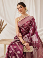 Hiral Fashion Purple Banarasi Organza Silk Lahariya Woven Design Saree | Grocsy