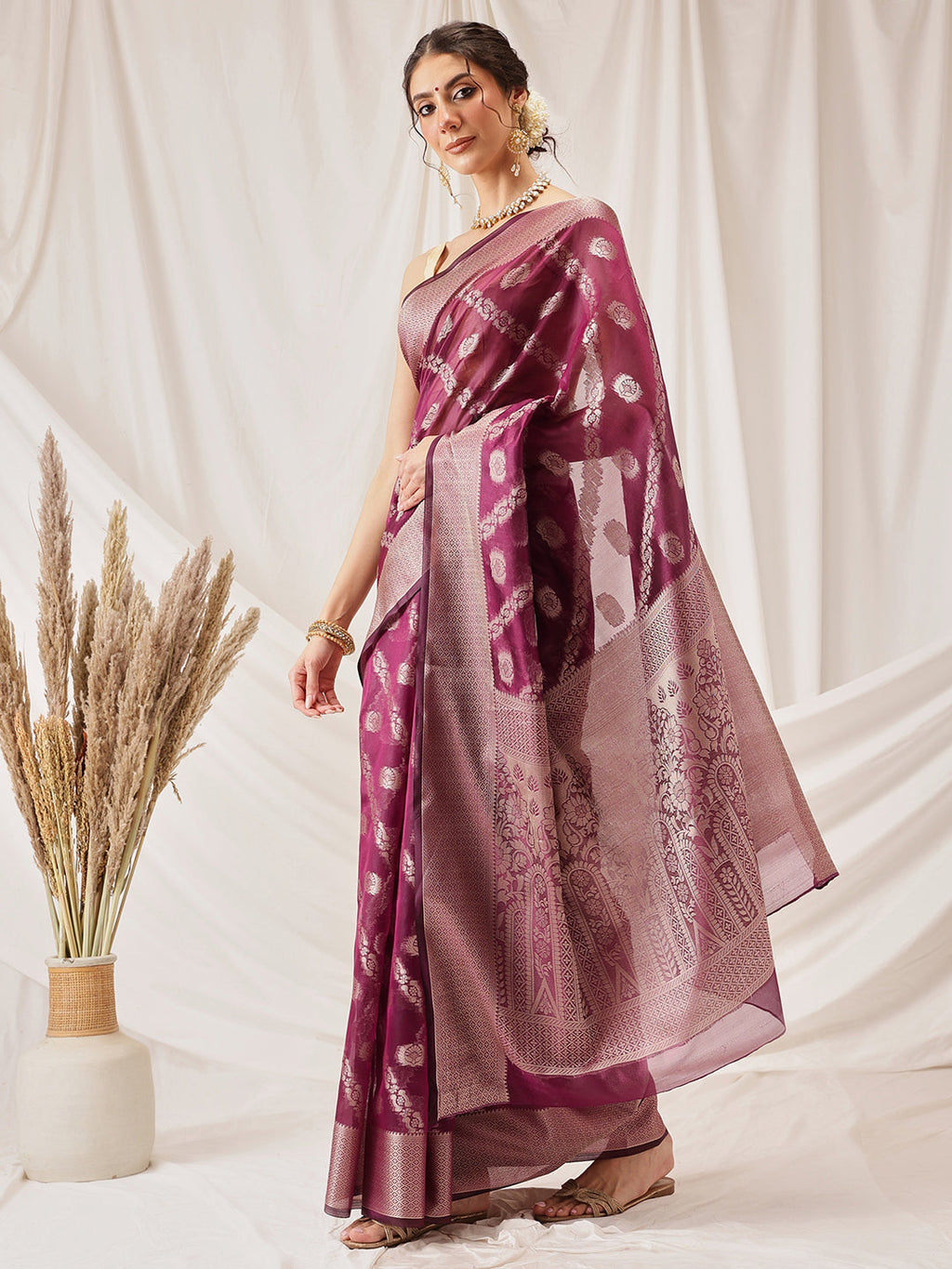 Hiral Fashion Purple Banarasi Organza Silk Lahariya Woven Design Saree | Grocsy