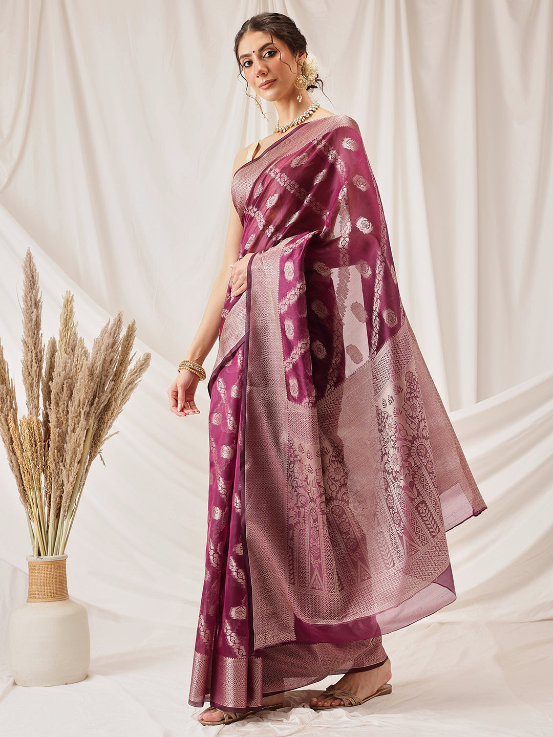 Hiral Fashion Purple Banarasi Organza Silk Lahariya Woven Design Saree | Grocsy