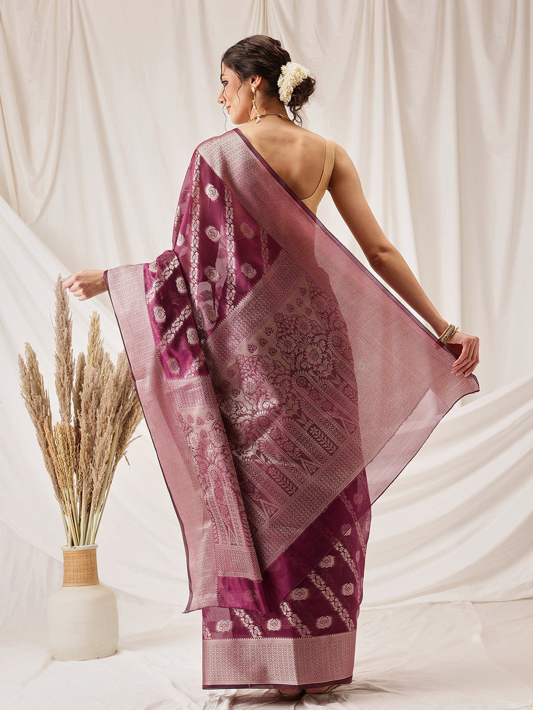 Hiral Fashion Purple Banarasi Organza Silk Lahariya Woven Design Saree | Grocsy