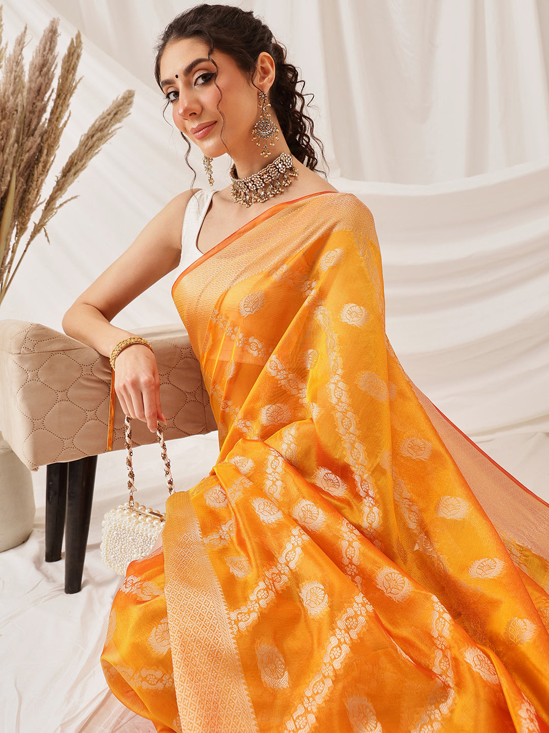 Hiral Fashion Yellow Banarasi Organza Silk Lahariya Woven Design Saree | Grocsy