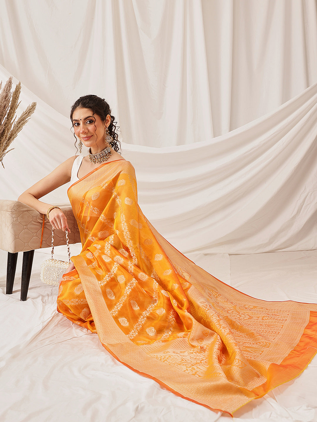 Hiral Fashion Yellow Banarasi Organza Silk Lahariya Woven Design Saree | Grocsy