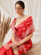 Hiral Fashion Red Banarasi Organza Silk Abstract Woven Design Saree | Grocsy