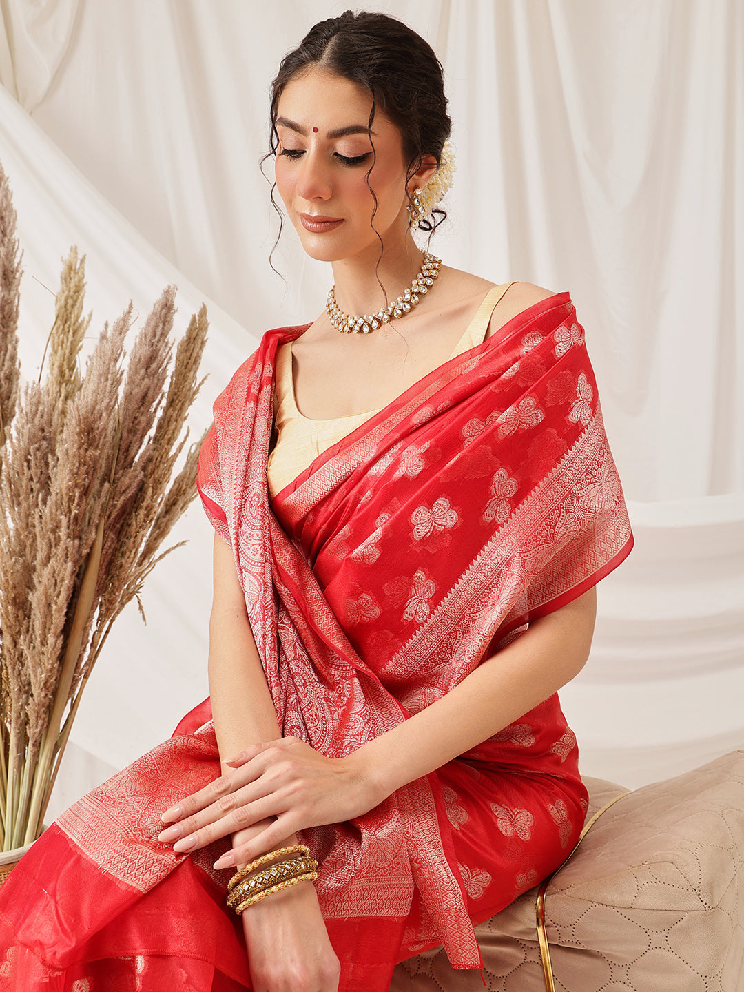Hiral Fashion Red Banarasi Organza Silk Abstract Woven Design Saree | Grocsy