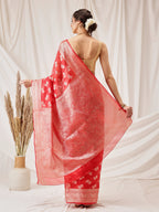 Hiral Fashion Red Banarasi Organza Silk Abstract Woven Design Saree | Grocsy
