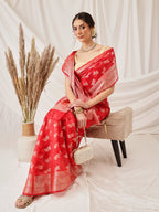 Hiral Fashion Red Banarasi Organza Silk Abstract Woven Design Saree | Grocsy