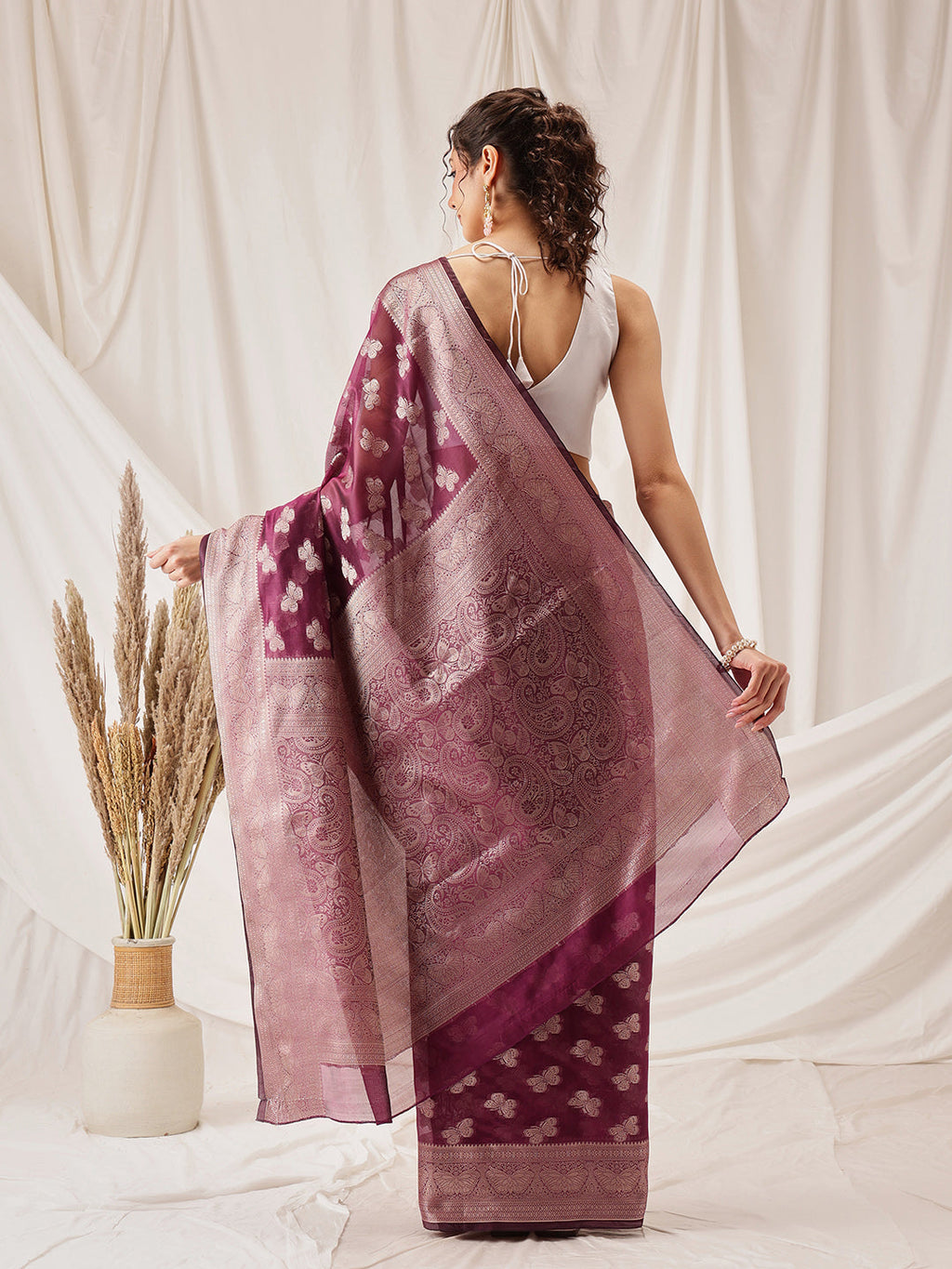 Hiral Fashion Purple Banarasi Organza Silk Abstract Woven Design Saree | Grocsy