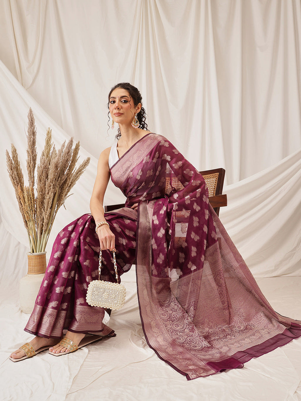 Hiral Fashion Purple Banarasi Organza Silk Abstract Woven Design Saree | Grocsy