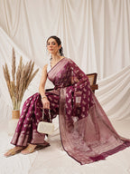 Hiral Fashion Purple Banarasi Organza Silk Abstract Woven Design Saree | Grocsy