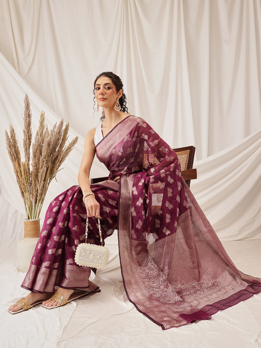 Hiral Fashion Purple Banarasi Organza Silk Abstract Woven Design Saree | Grocsy