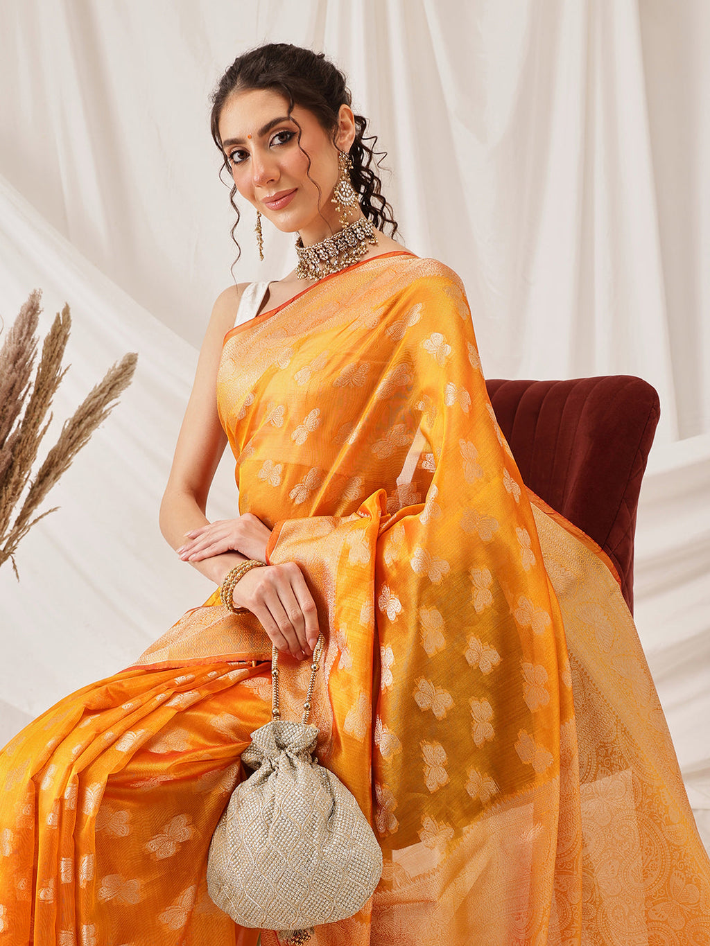 Hiral Fashion Yellow Banarasi Organza Silk Abstract Woven Design Saree | Grocsy