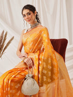 Hiral Fashion Yellow Banarasi Organza Silk Abstract Woven Design Saree | Grocsy