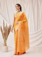 Hiral Fashion Yellow Banarasi Organza Silk Abstract Woven Design Saree | Grocsy
