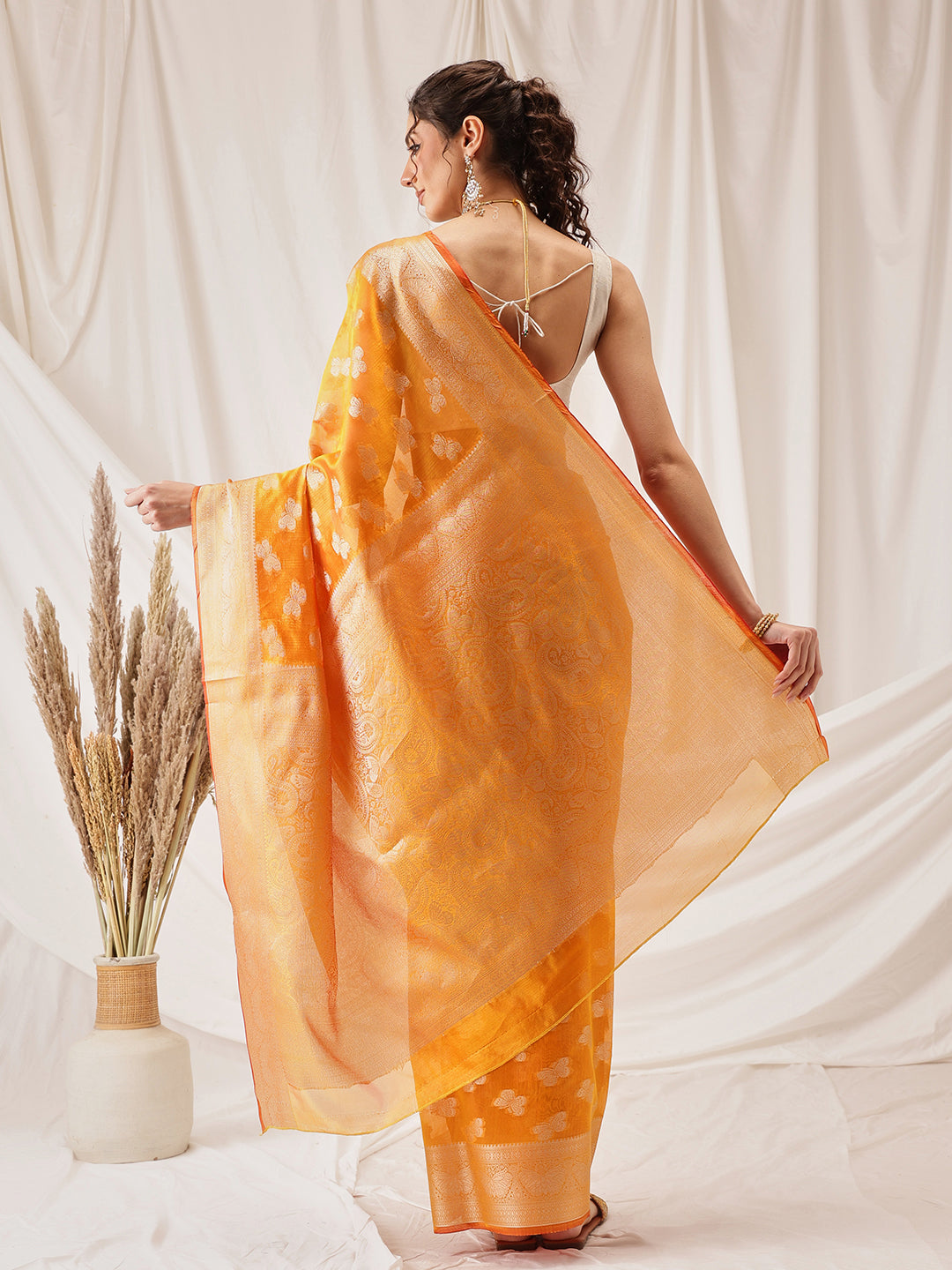 Hiral Fashion Yellow Banarasi Organza Silk Abstract Woven Design Saree | Grocsy