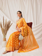 Hiral Fashion Yellow Banarasi Organza Silk Abstract Woven Design Saree | Grocsy