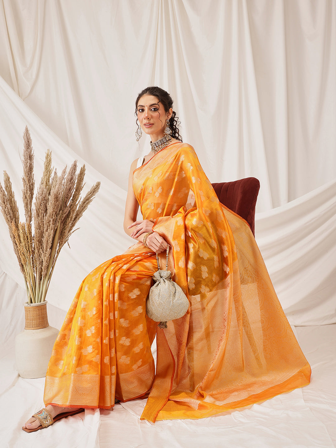 Hiral Fashion Yellow Banarasi Organza Silk Abstract Woven Design Saree | Grocsy