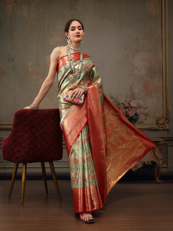 Multicolor Pure Silk Woven Zari Design Geomatric Saree with Unstitched Blouse - Hiral Fashion | Grocsy