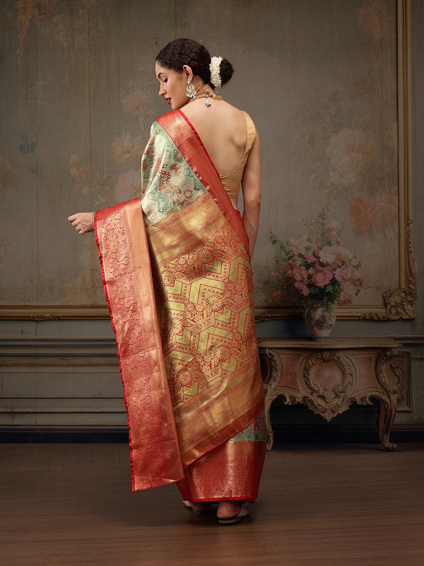 Multicolor Pure Silk Woven Zari Design Geomatric Saree with Unstitched Blouse - Hiral Fashion | Grocsy