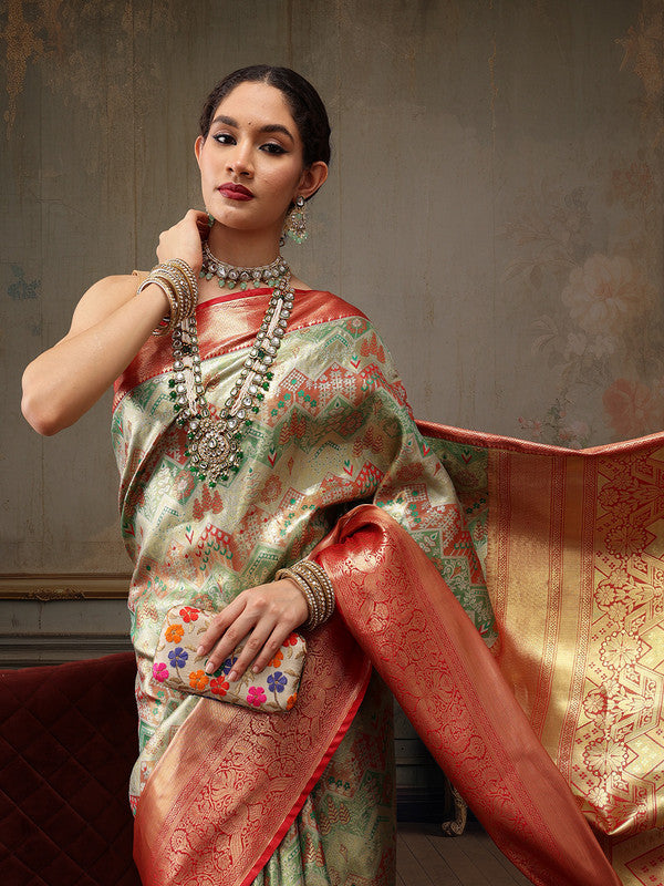 Multicolor Pure Silk Woven Zari Design Geomatric Saree with Unstitched Blouse - Hiral Fashion | Grocsy