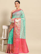 Turquoise Art Silk Woven Zari Design Ethnic Motifs Saree with Unstitched Blouse - Hiral Fashion | Grocsy