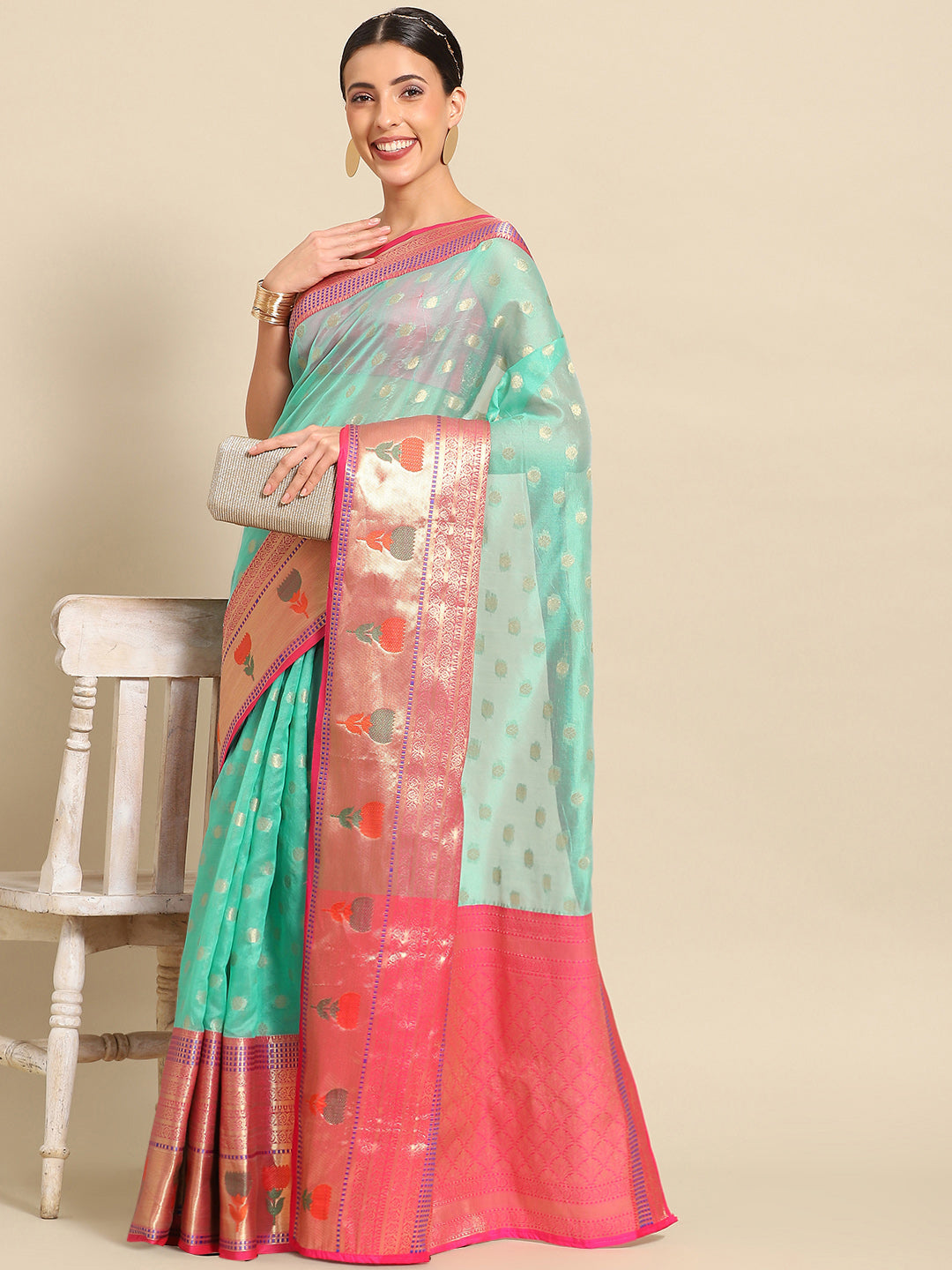 Turquoise Art Silk Woven Zari Design Ethnic Motifs Saree with Unstitched Blouse - Hiral Fashion | Grocsy