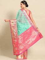 Turquoise Art Silk Woven Zari Design Ethnic Motifs Saree with Unstitched Blouse - Hiral Fashion | Grocsy