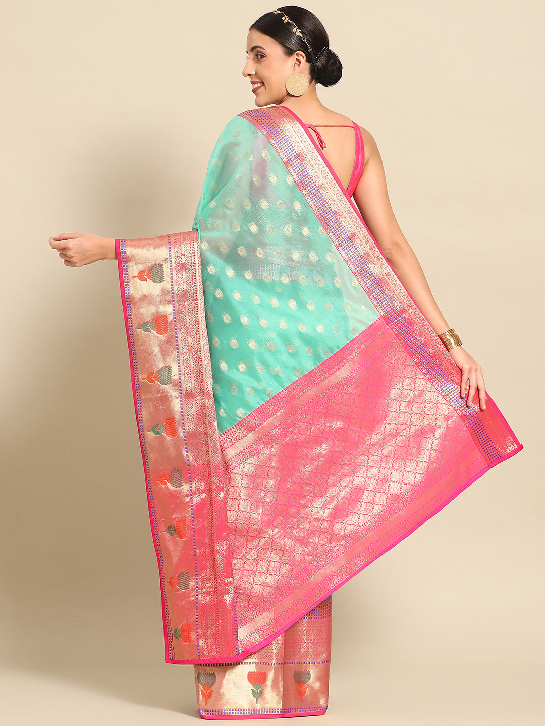 Turquoise Art Silk Woven Zari Design Ethnic Motifs Saree with Unstitched Blouse - Hiral Fashion | Grocsy