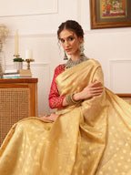 Hiral Fashion Beige Kanjivaram Tissue Silk Floral Zari Woven Saree | Grocsy